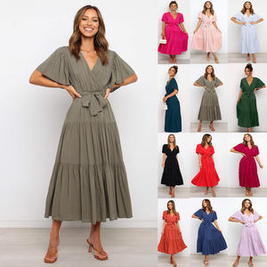 2025 nuovo Design caldo moda <span class=keywords><strong>Abaya</strong></span> donna collo a V maniche corte cravatta vita Maxi abiti con ciondolo - Product Image 2