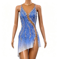 Costume de patinage artistique pour enfants et adultes, robe en maille sans manches dégradée bleu et blanc avec strass pour spectacle sur glace