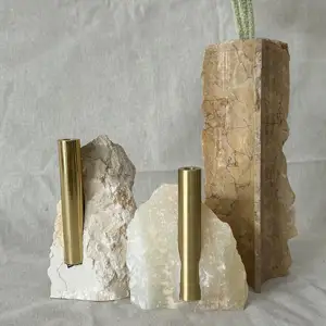 SHIHUI dekorasi meja Onyx putih alami Nordik kustom vas bunga kecil dasar vas marmer dengan Dekorasi kuningan