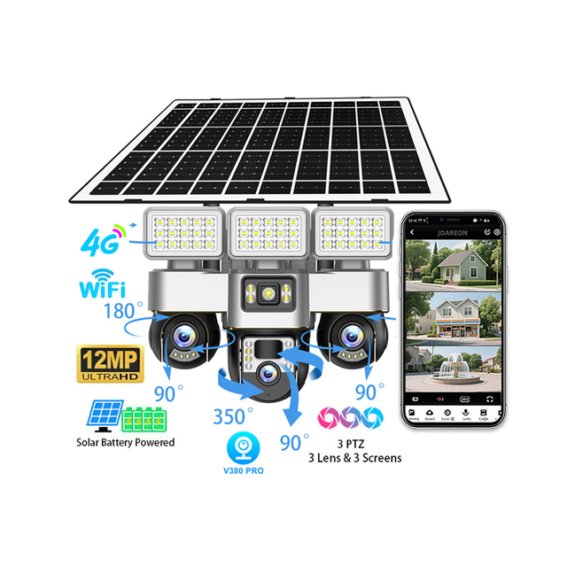Outdoor Solar 4G WiFi 12MP CMOS IP66 Waterproof 3 PTZ Security Camera Two-Way Audio AI Tracking Night Vision Alarm Cloud 1 Year