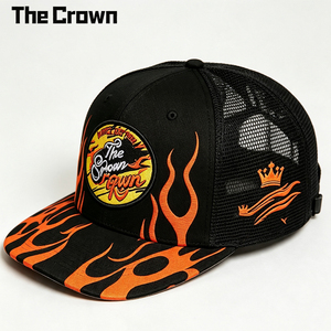 Casquette Trucker Personnalisée de Haute Qualité avec Imprimé Flamme, Patch Tissé, Broderie, Visière Plate, Snapback, Dos en Maille, Noir Orange - Product Image 3