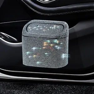 Bling Car Garbage Dustbin Container BackSeat Hanging Wastebasket Organizer Storage box Bling Rhinestones Car Trash Can with Lid