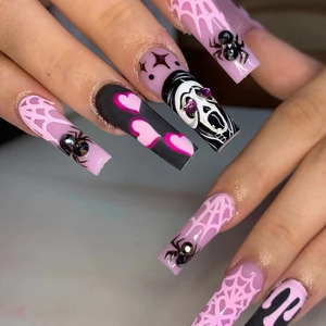 24 faux ongles en amande moyenne à presser, motif fantôme d'Halloween, noir et blanc, visage de fantôme effrayant, pour fête costumée d'Halloween - Product Image 4