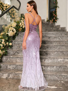 优雅的露背和亮片装饰晚礼服时尚正式修身狭缝大腿不对称，配有闪光派对舞会礼服 - Product Image 4