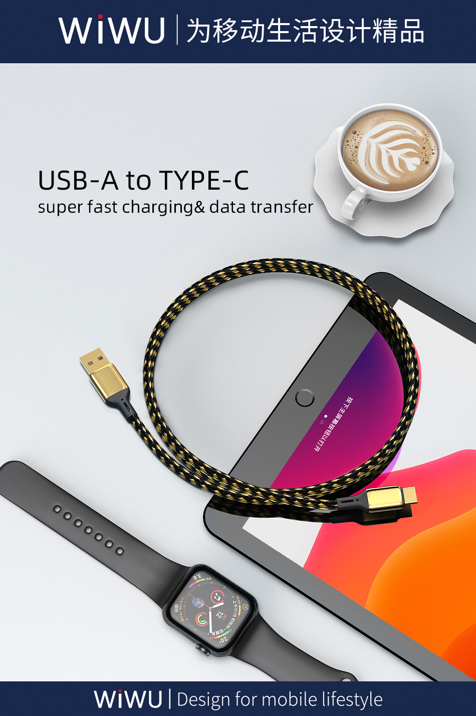 WiWU 2021 Top Selling Nylon Braided USB Dual Charging Cable Cord Charging Cable for for Android for i-Phone