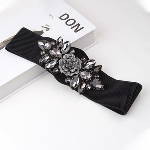 Golden Pear Fall Wide <b>Elastic</b> Waistband Black Crystal Flower Clasp Women's <b>Belt</b> Fashion European Style 24-35 Size - Product Image 3