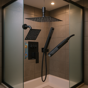 Sistema de Ducha de Lluvia Vevor de 10 Pulgadas, Montaje en Pared de 6 Pulgadas, Juego de Válvulas de Latón de Doble Cabezal, Baño Contemporáneo, Negro Mate - Product Image 2