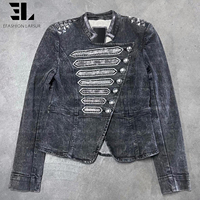 Veste Bomber en Jean Délavé et Teint Sur Mesure LARSUR, Style Napoléon, Coupe Slim, Col Montant, Courte, Type Moto, Veste Hussar en Jean