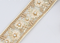 Ruban de Dentelle en Organza Brodé Fait Main Largeur 3,5 cm avec Perles, Paillettes et Nacre, Bordure en Tulle pour Col de Vêtement et Robe