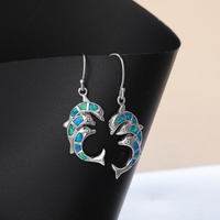Boucles d'oreilles pendantes en argent sterling 925 véritable pour femme, motif dauphin mignon avec opale de feu bleue, style vintage, pour mariage, fête et cadeau