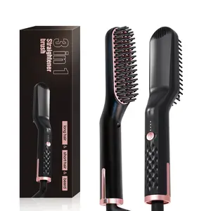 Wholesale Hair Volumizer Brush Ceramic Straightening Comb Lcd Handhold Flat Iron Brush Men Quick Beard Straightener