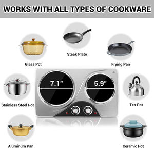 Placa de Cocina Eléctrica Portátil de Vitrocerámica Negra y Acero Inoxidable, Electrodoméstico con 2 Quemadores y 2100W de Potencia - Product Image 2