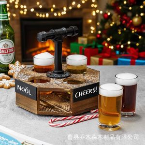 Wooden <b>Beer</b> Tray With Wrought Iron Handle 6 Cup Holder For Lager Stout Serving - Product Image 2