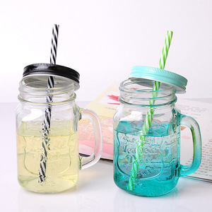 Wholesale Factory Produced <strong>Colored</strong> Mason Jar <strong>Drink</strong> <strong>Cup</strong> with <strong>Glass</strong> Handle Lid and Straw for Parties