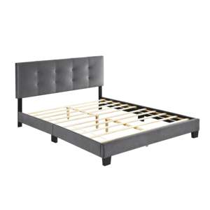 Cama Queen tapizada de terciopelo gris oscuro, cabecero de altura ajustable con botón, muebles de dormitorio de madera maciza con mechones - Product Image 5