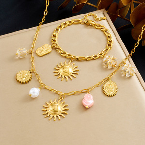 European American Fashion Stainless Steel Necklace <b>Bracelet</b> <b>Set</b> Sun Pendant Women's Everyday Wear Jewelry <b>Set</b> - Product Image 1