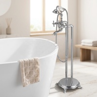 Robinet de baignoire sur pied en laiton chromé à double poignée avec douchette téléphonique pour salle de bain