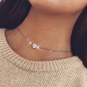 Kalung Rantai Emas Pendek Liontin Hati Kristal, Kalung Modis Wanita, Hadiah Liontin Hati Kristal Pendek