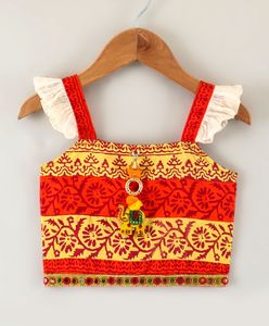 Twisha – Ensemble élégant pour filles, haut à manches volantées imprimé et ghagra imprimé, orange et vert (6 mois à 14 ans) - Product Image 4