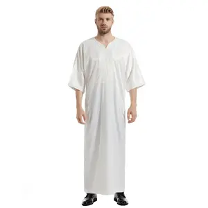 2024 New Middle Eastern Muslim Men's Satin Mid-Sleeve Embroidered Robe Moroccan Robe Arab Men's Clothing