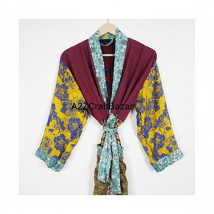 ชุดคลุมกิโมโนผ้าไหมยาวสำหรับผู้หญิง งานแฮนด์เมด คอวี ผูกเชือก ปิดด้วยเชือกผูก ความยาวเต็มตัว ดีไซน์แบบปะติดปะต่อ เหมาะสำหรับฤดูหนาว ไซส์เดียว สำหรับเพื่อนเจ้าสาว - Product Image 1