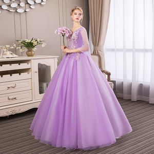 Violet Long Stage Performance Dress For Women With Straps And Puffy Skirt Polyester Fabric Adult Size - Product Image 3