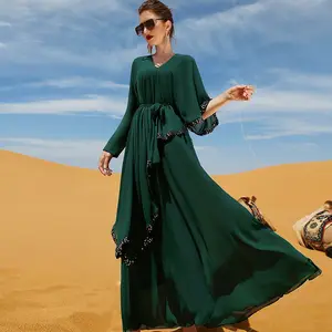 深绿色双层雪纺穆斯林abaya不规则亮片连衣裙迪拜网络名人女孩连衣裙伊斯兰穆斯林