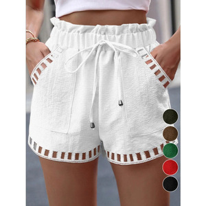 Short en coton et lin pour femmes, couleur unie, mince, évidé, design, poche, taille serrée, vêtements de plage, vêtements blancs - Product Image 1