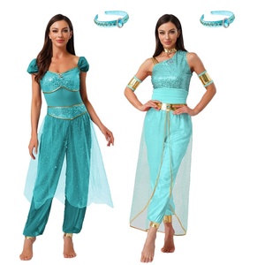 Traje de Danza del Vientre para Mujer, Pantalones Harem, Top con Lentejuelas Color Verde Azulado, Falda con Velo de Malla, Adornos Dorados, Ropa Oriental para Actuaciones en Escenario y Fiestas, Personalizado - Product Image 2