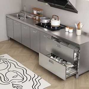 Mobili da <span class=keywords><strong>Cucina</strong></span> Modulari Moderni <span class=keywords><strong>in</strong></span> <span class=keywords><strong>Acciaio</strong></span> Inossidabile con Pannelli <span class=keywords><strong>in</strong></span> Vetro Effetto Marmo, Design Ecologico e Ignifugo, Soluzione Completa per la <span class=keywords><strong>Cucina</strong></span> - Product Image 1