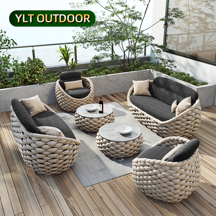 Modern Luxury Garden Outdoor Furniture Hotel Leisure Outdoor Sofa Braided Rope Aluminum Patio Couch Set for Villa Resort Balcony