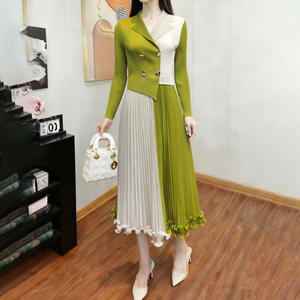 Elegant Color Block <b>Dress</b> Women Blazer Collar Pleated Ruffled Maxi <b>Dress</b> Bazar Wholesale <b>Summer</b> Clothes for Women - Product Image 3