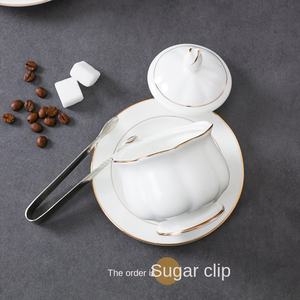 Service à café et <span class=keywords><strong>thé</strong></span> carré en porcelaine osseuse de style britannique moderne pot à sucre en céramique avec couvercle à bord doré et pince à tasse en céramique blanche - Product Image 4