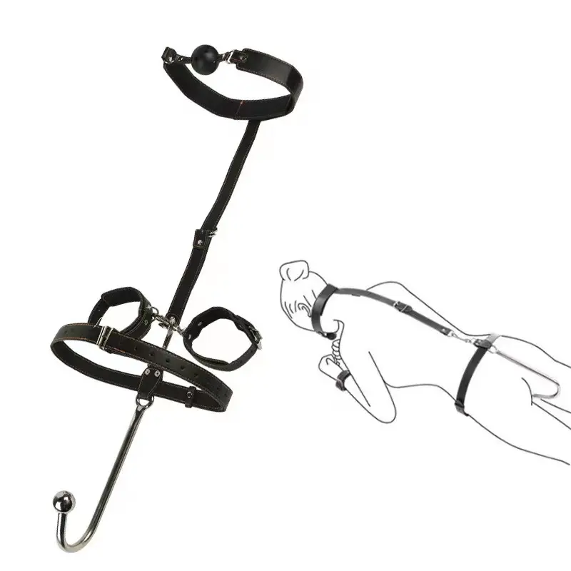 Leather Bondage Restraint Gear With Stainless Steel Anal Plug Mouth Gag Handcuffs Ass Intruder Butt Plug For Adult