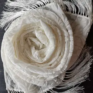 天然白色烧光真丝天鹅绒围巾，带天然白色粘质流苏，用于DIY绘画