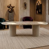 Table à manger en quartzite Patagonia YUANDA, plateau en pierre translucide de luxe avec base à double piédestal cannelé, table moderne en quartzite