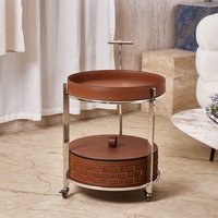 Décoration d'intérieur, chariot de bar en cuir de luxe et acier inoxydable à 2 niveaux, détails tissés, couleur personnalisée, qualité supérieure pour hôtel