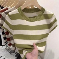 Haut tricoté à manches courtes pour femme, nouvelle collection été, coupe classique, col rond, confortable, décontracté, à rayures contrastées