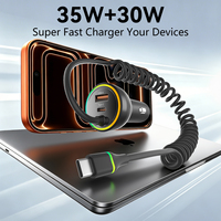 Dernier chargeur de voiture USB C 70W avec lumière LED, adaptateur de charge rapide pour téléphone avec câble USB-C enroulé pour iPhone, Galaxy, iPad