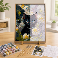Kit Lukisan Cat Akrilik Berbingkai Motif Kucing Hitam dan Bunga untuk Dewasa Pemula, Dekorasi Dinding 40x50cm