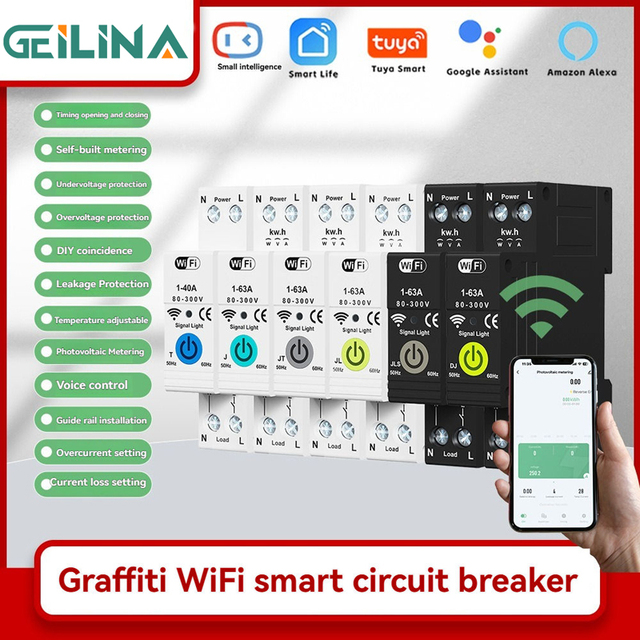 63A 1P+N WiFi Smart Switch MCB With Energy Meter, kWh Monitoring, Timer Relay, Tuya/SmartLife Control Smart Breaker