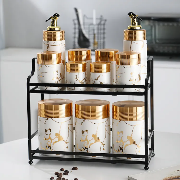 Luxury gold marbling cylinder container set seasoning condiment jars set kitchen ceramic oil dispenser bottle storage spice jar