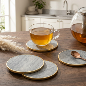 Modern Round Stone Coasters Set with Gold Edge Non Slip <b>Mats</b> 6mm Thickness <b>Table</b> Decor Kitchenware Accessories Unique Design - Product Image 1