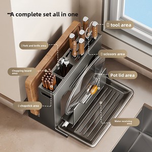 2026 New Model Kitchen <b>Organizer</b> Metal Punch-Free Knife Holder Cutting Board Rack with Chopstick Holder - Product Image 4