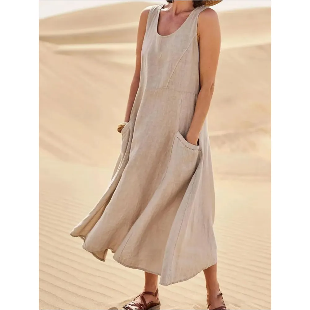 Plus Size ärmellose Kleider mit rundem Hals Kleidung New Summer Leinen kleid Frauen Casual Long Loose