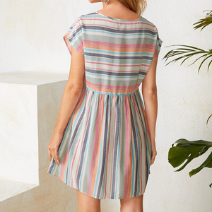 <span class=keywords><strong>Robe</strong></span> Mini en <span class=keywords><strong>Lin</strong></span> Tissé à Rayures Manches Chauve-Souris Design Mignon Taille Haute Naturelle <span class=keywords><strong>Robe</strong></span> d'Été pour Femmes Livraison Gratuite Numérique - Product Image 4