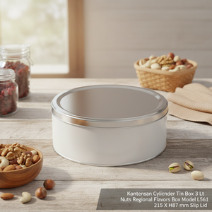 Caja de hojalata cilíndrica Kontensan de 3 litros para frutos secos, sabores regionales, modelo L561, 215 x 87 mm, tapa deslizante - Product Image 3