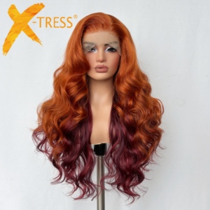 Nouvelles perruques synthétiques Lace Front Ombré Roux à Bourgogne, Ondulations Naturelles, Ondulations d'Eau, Ondulations Corporelles, Cheveux Mélangés, Sans Colle - Product Image 1