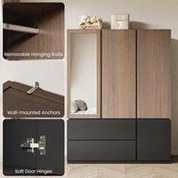 Armoire moderne haute autoportante en MDF avec 3 portes, miroir, 2 tringles de suspension et 2 tiroirs - Idéale pour salon et salle de sport