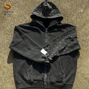 Sweat à capuche zippé en coton French Terry 500g épais avec logo personnalisé, manches ornées de strass, effet délavé vintage, style streetwear - Product Image 3